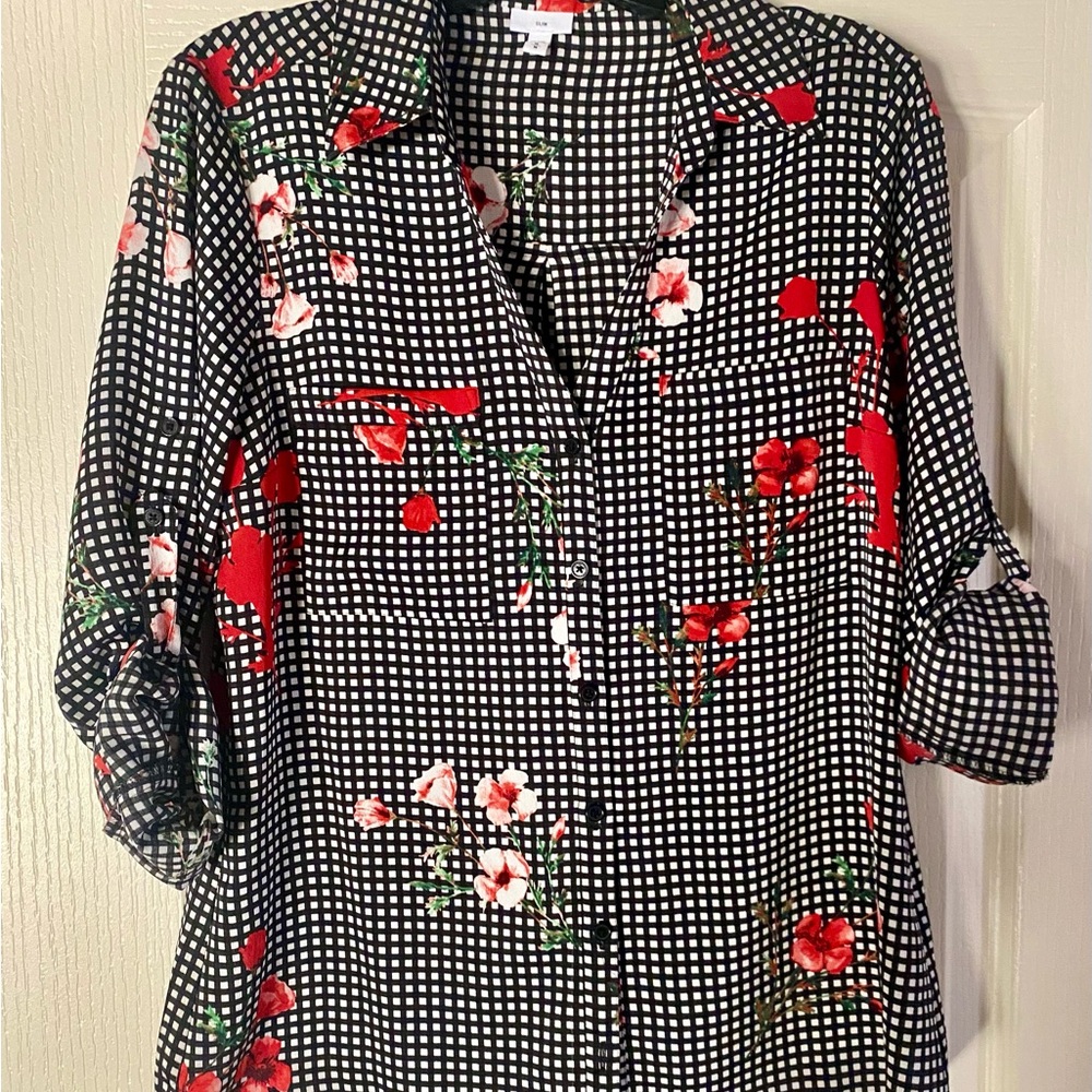 Floral Black and White Checkered Women's Top